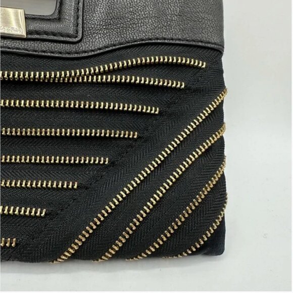 BCBGMaxAzria Black Clutch Genuine Leather Trim Elegant Gold Zipper Design - Picture 7 of 11